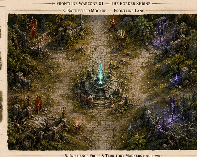 A contested REALMFRONT warfront surrounding the Border Shrine