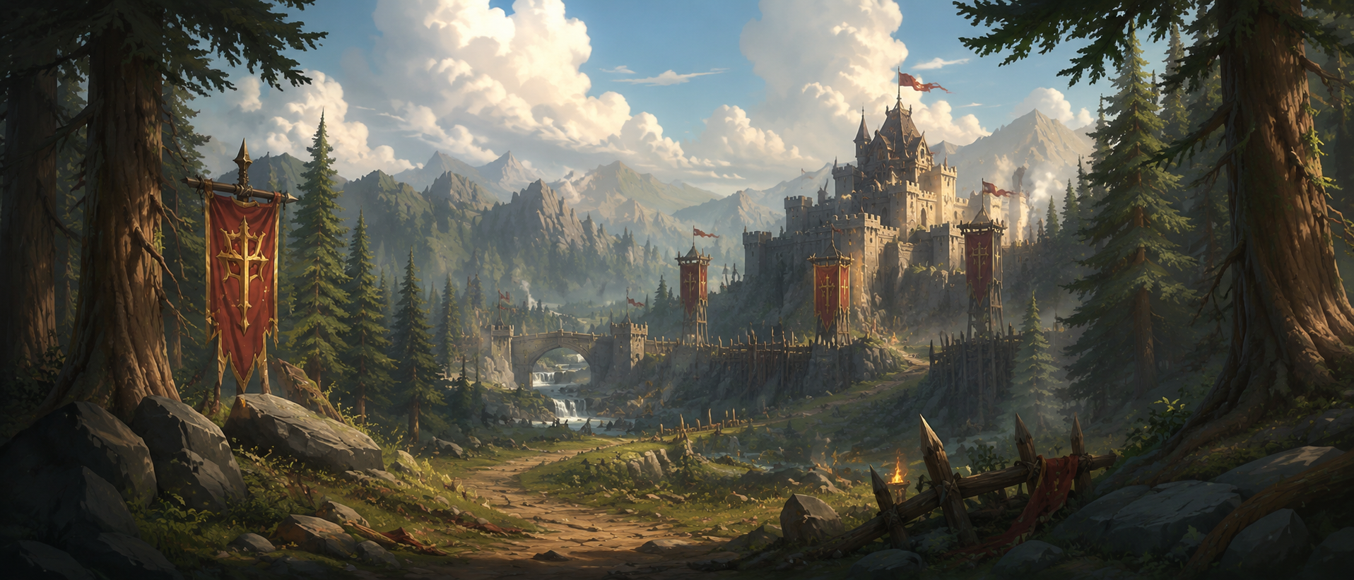 A fortified REALMFRONT stronghold in a forest valley